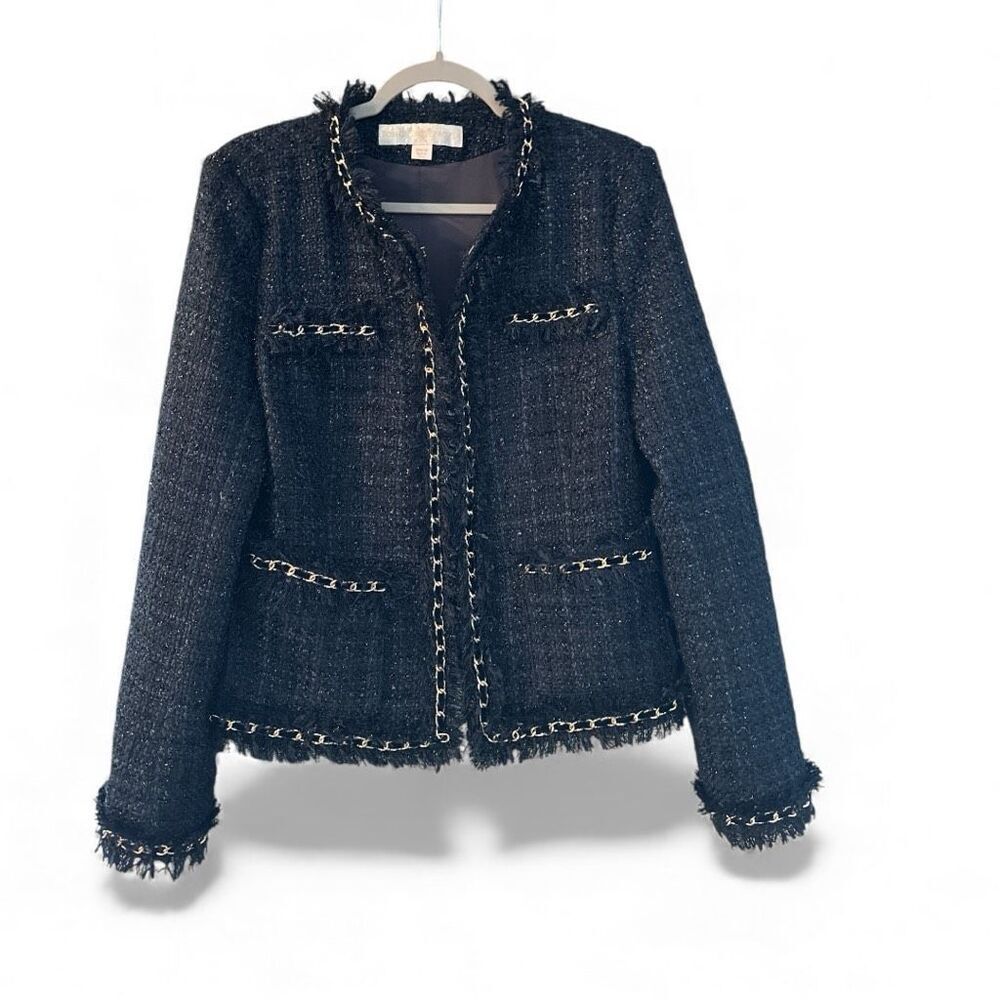 Boston Proper Women's Parisian Tweed Shimmer Chain Fringe Jacket Navy Gold Sz 12 - Picture 3 of 9